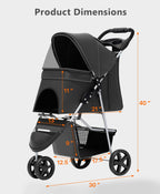 OS MOTOR Pet Stroller with 3 Wheels for Small/Medium Pets, Portable Travel Foldable Carrier Jogger for Dog Cat Puppy Kitty, Rear Wheel Breaks, Storage Basket, Visible Mesh with Weather Cover (Black)