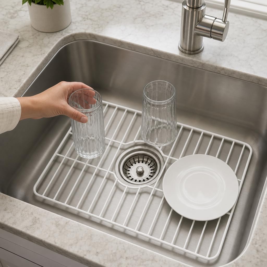 Better Houseware Sink Protectors for Kitchen Sink, Protective Metal Grid, 16x12.3x1 inches, White Kitchen Sink Mat to Shield Sink Base from Scratches, Rust-Resistant Coating, M