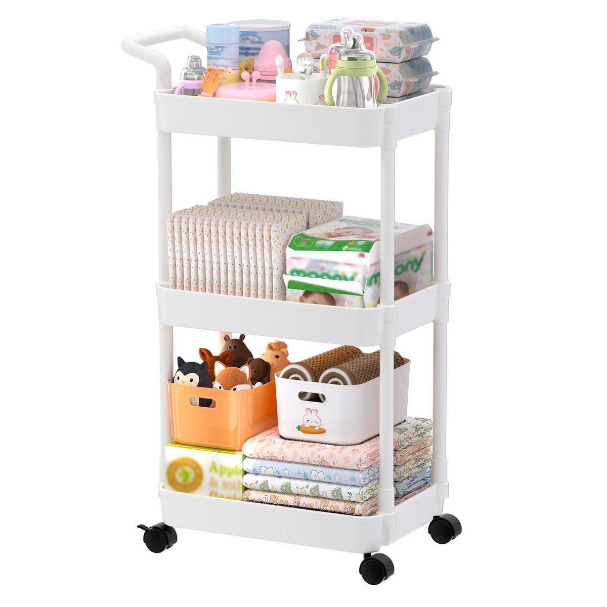 Volnamal Diaper Caddy, 3 Tier Rolling Cart for Baby Essentials, Off-White