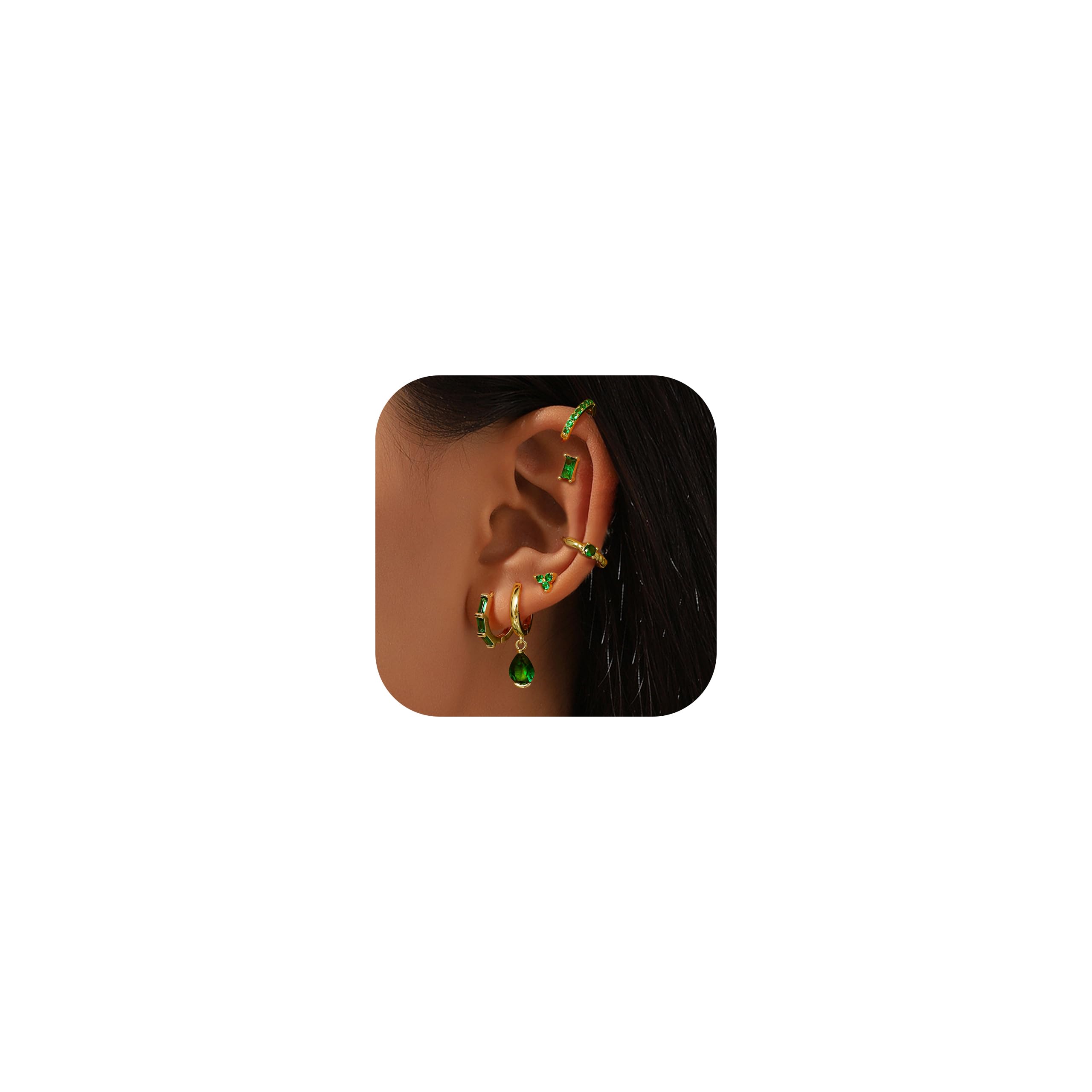 6 Pairs Emerald Green 14K Gold Plated Hoop Stud Earrings Stacks for Women