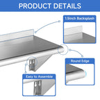 ROCKPOINT Stainless Steel Shelf 10 x 16 Inches 190lb, 2 Pack NSF Metal Commercial Shelves Wall Mount Floating Shelving with Backsplash for Restaurant, Kitchen, Home and Hotel, Silver