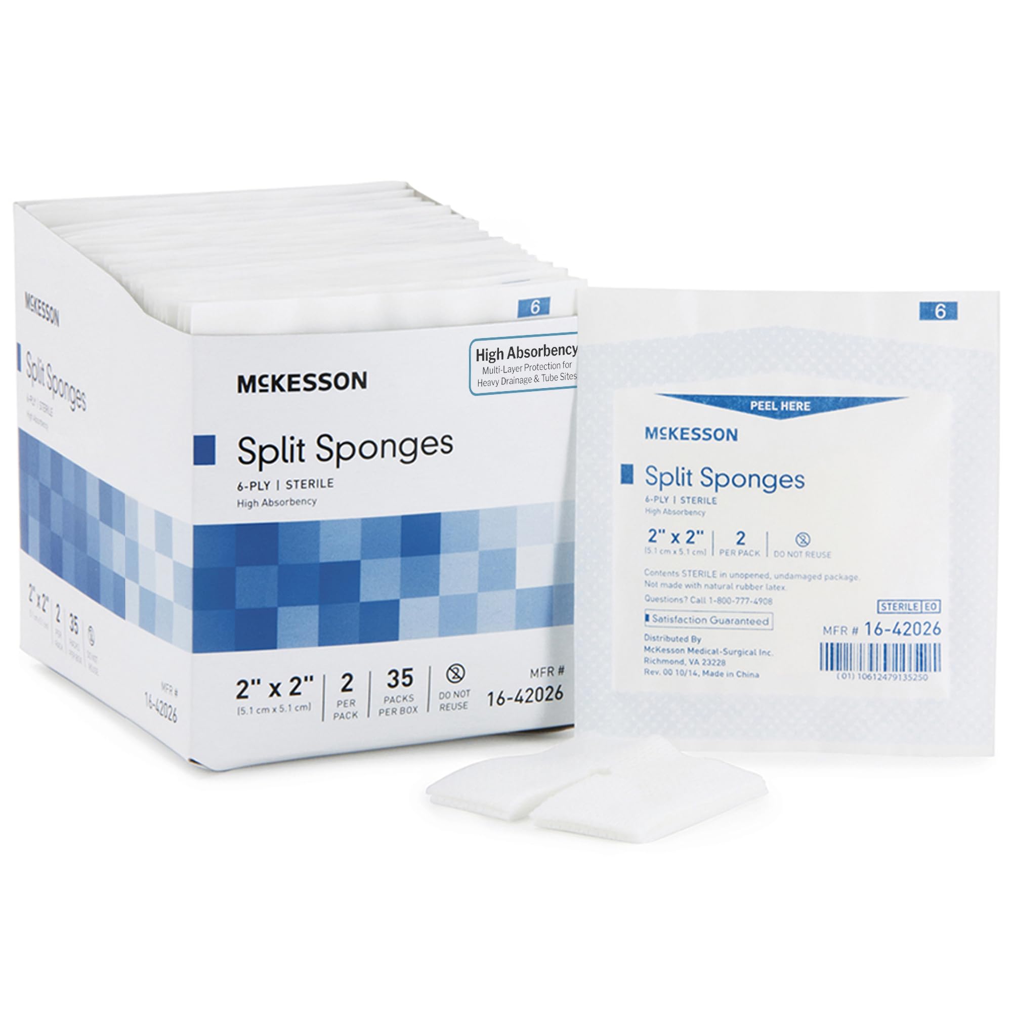 McKesson Split Sponges, 6-Ply Sterile, 2 x 2 in, 2 ct, 2 per Pack