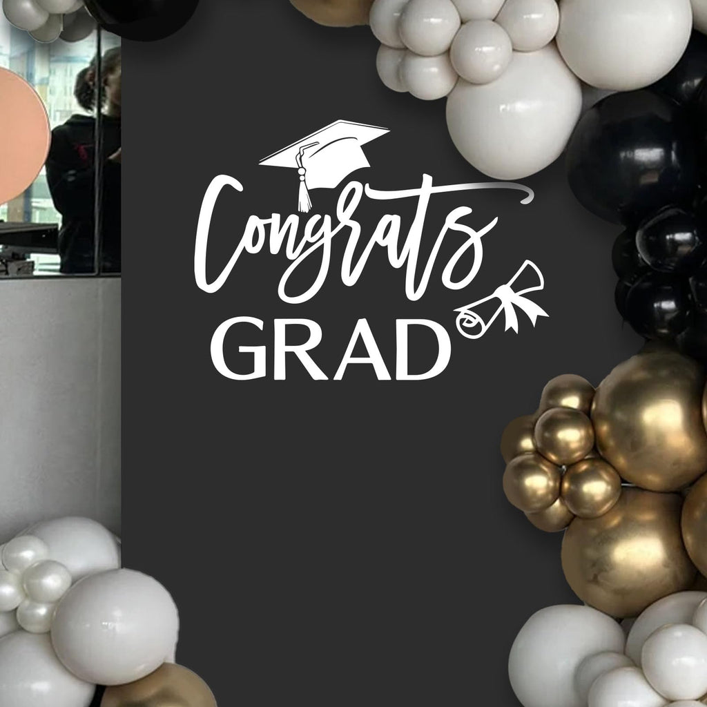 Congrats Grad Decal Sign for Balloon Arch - Graduation Decar for Grad Party, Class of 2026 Grad Party Graduation Event Planner Vinyl Decal (White)