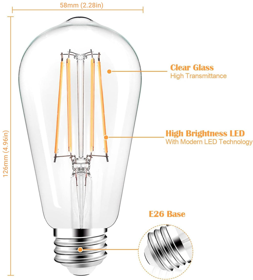 PARTPHONER LED Light Bulbs Dimmable Vintage Edison Bulb, E26 LED Bulb 60W Equivalent 720 Lumens, Warm White 2700K, ST58 Antique LED Filament Bulb CRI 85+, Clear Glass, Pack of 24