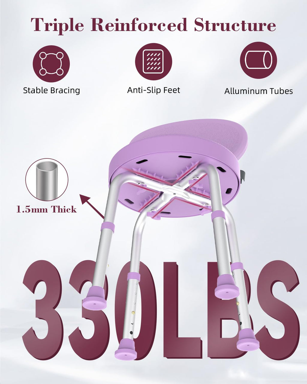 Fvzzin Swivel Shower Chair, 360° Non-Slip Shower Seat with Backrest for Elderly and Disabled, Height Adjustable Rotating Tub Transfer Bench for Seniors Bathroom Inside Shower(Purple)