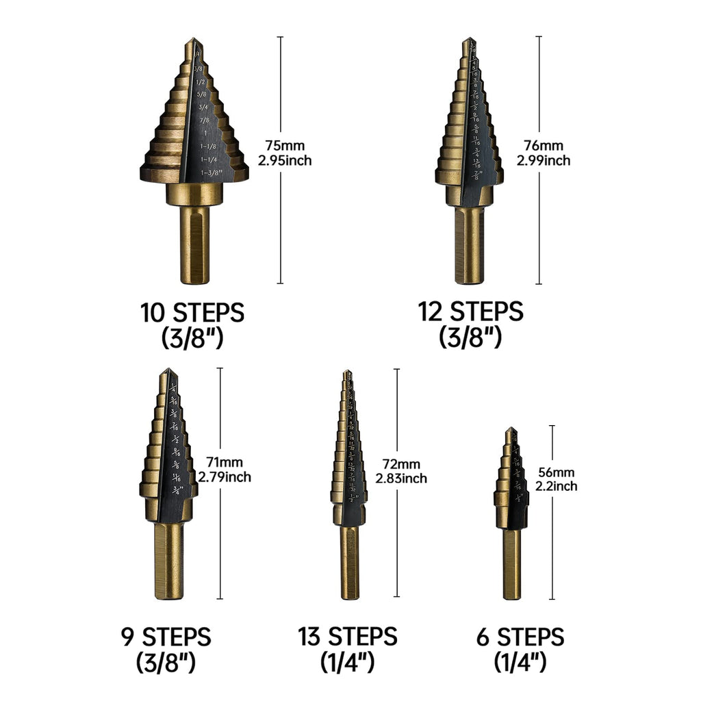 IRONANT 5PCS HSS Titanium Step Drill Bit Set for Metal Unibit