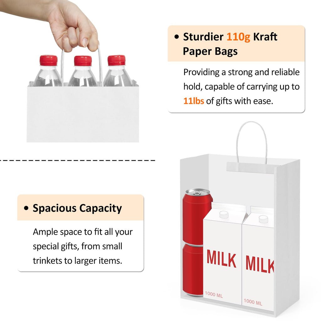 BagDream Kraft Paper Bags with Handles 10x5x13 Inch Large White 50 Pcs Bulk