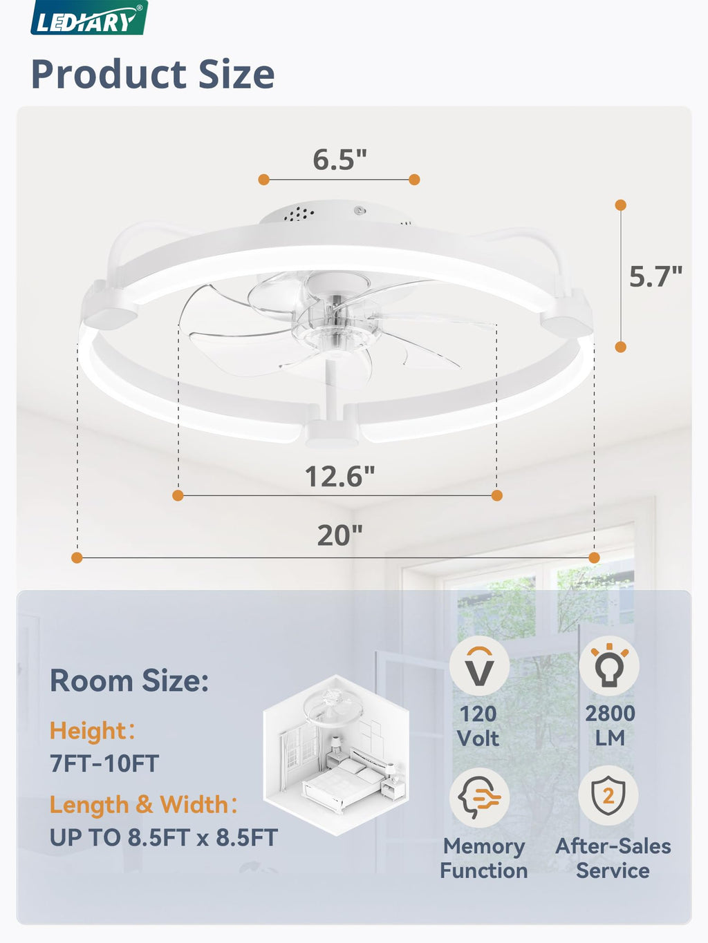 LEDIARY Ceiling Fans with Lights and Remote, 20'' Low Profile Ceiling Fan with Light, 3000-6000K Dimmable Fandelier LED Fan Light, 6 Wind Speeds, White Modern Flush Mount Ceiling Fan for Bedroom