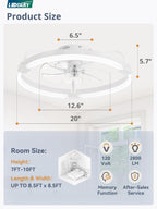 LEDIARY Ceiling Fans with Lights and Remote, 20'' Low Profile Ceiling Fan with Light, 3000-6000K Dimmable Fandelier LED Fan Light, 6 Wind Speeds, White Modern Flush Mount Ceiling Fan for Bedroom