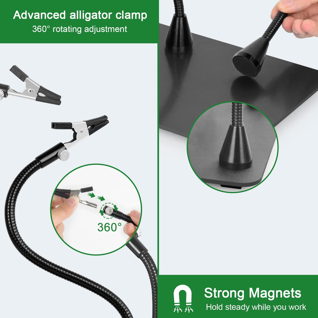 Magnifying Glass with Light and Stand, Flexible Magnetic Helping Hand, 5X&10X 12V 108pcs LED Beads Magnifying Lamp, 3 Modes Adjustable Swivel Gooseneck Arms & Heavy Duty Base Plate