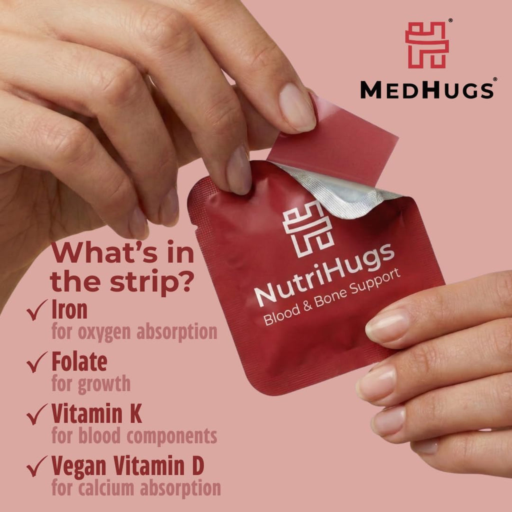MedHugs NutriHugs Blood and Bone Support - Iron, Folate, Vitamin D3 and K2 - Fast-Dissolving Oral Thin Film Strips - Non-Constipating Iron - Vegan, Sugar-Free, Non-GMO - 30 Strips
