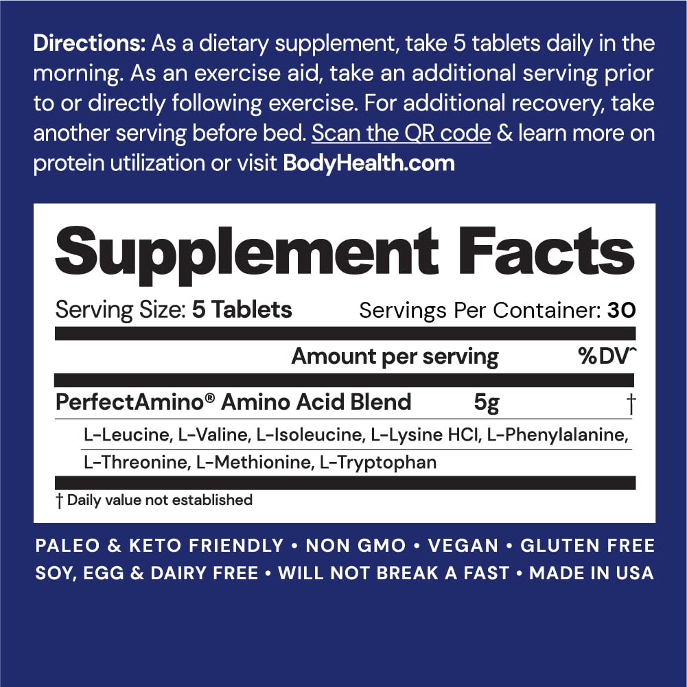 BodyHealth PerfectAmino Tablets (150ct Plus 30ct Travel Bottle), Essential Amino Acid with BCAAs + Lysine, Phenylalanine, Threonine, Methionine, Tryptophan, Supplement for Recovery & Strength
