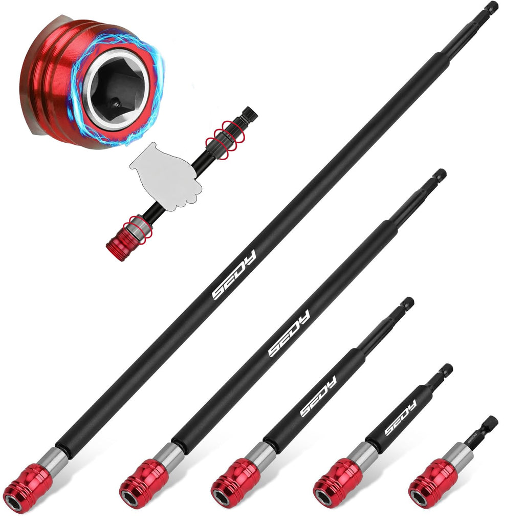 Magnetic Screwdriver Bit Holder Set: 5-Piece 1/4 Inch Hex Shank Quick Release Extension Adapter | Super Straight Durable CR-V Steel | Universal Fit for Impact Driver Bits | 2", 4", 6", 12", 17" Long