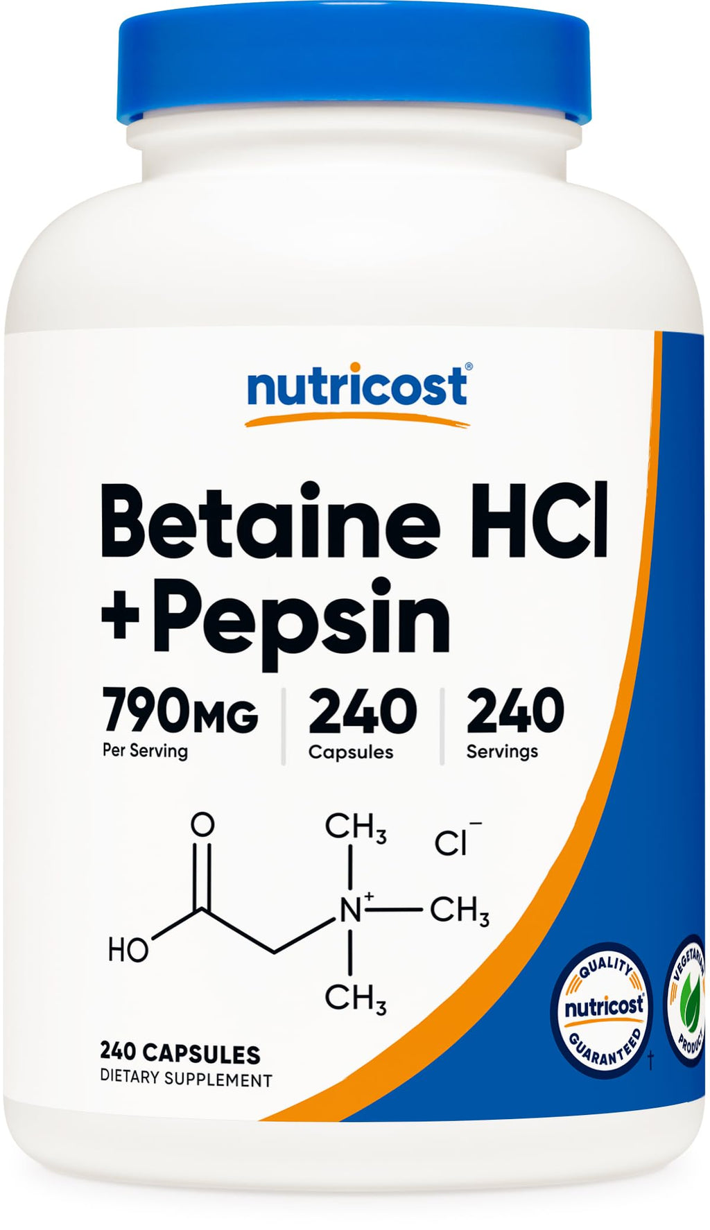 Nutricost Betaine HCl + Pepsin 790mg, 240 Capsules, 3 Bottles (720 Capsules)