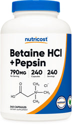 Nutricost Betaine HCl + Pepsin 790mg, 240 Capsules, 3 Bottles (720 Capsules)