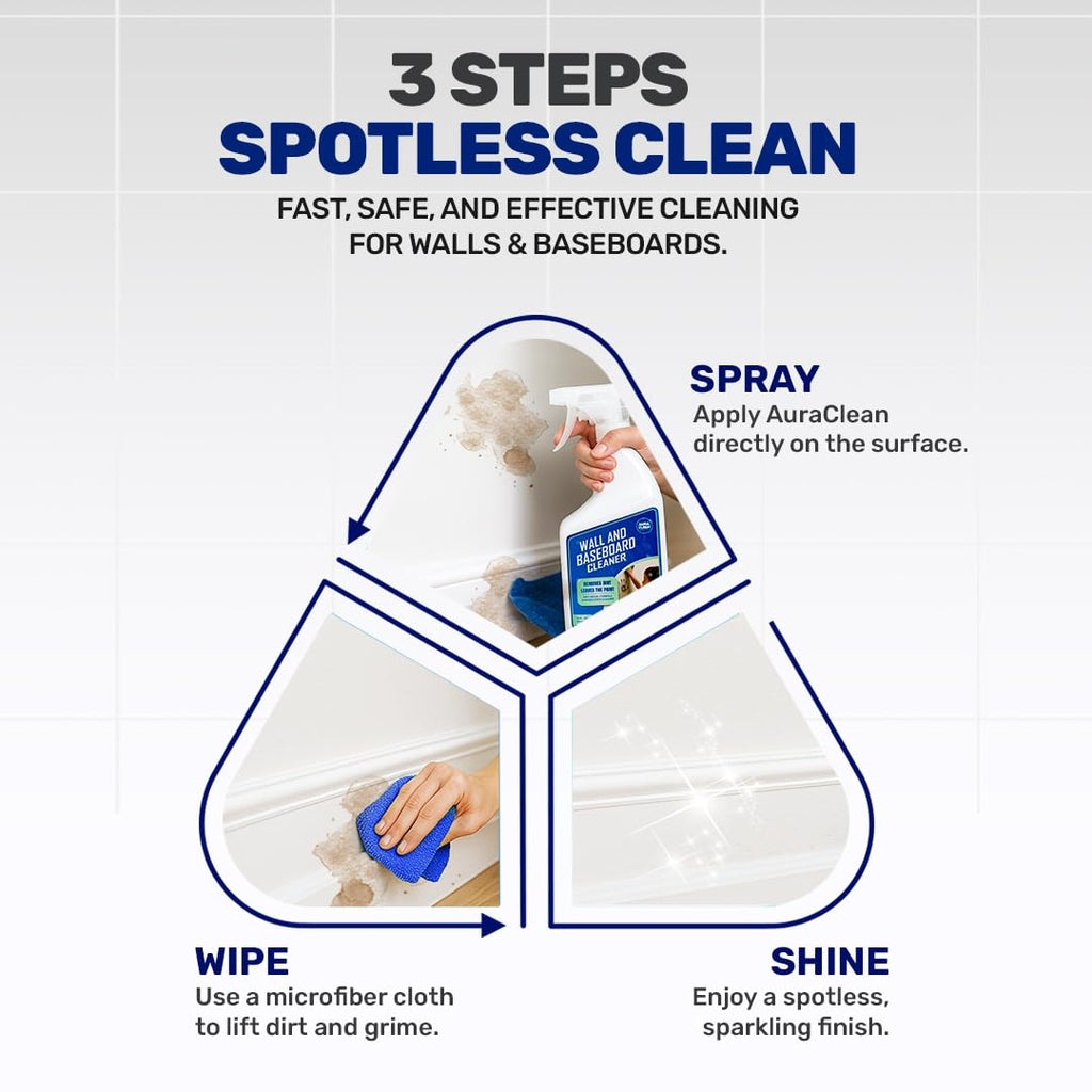 AuraClean Wall & Baseboard Cleaner - Safe for Painted Walls & Trim | Eco-Friendly, No-Rinse, Kid & Pet-Safe | Anti-Resoil, Streak-Free Finish | Made in the USA | 32 oz Spray (1 Quart)