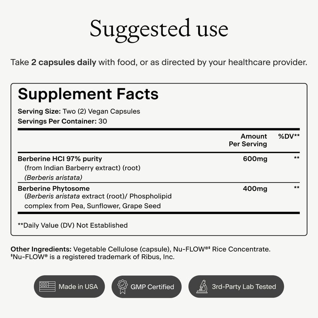 OMRE Berberine Dual-Action Formula with Phytosome (1000mg Total Berberine) - Support Metabolic and Heart Health, Gluten-Free - 30 Servings