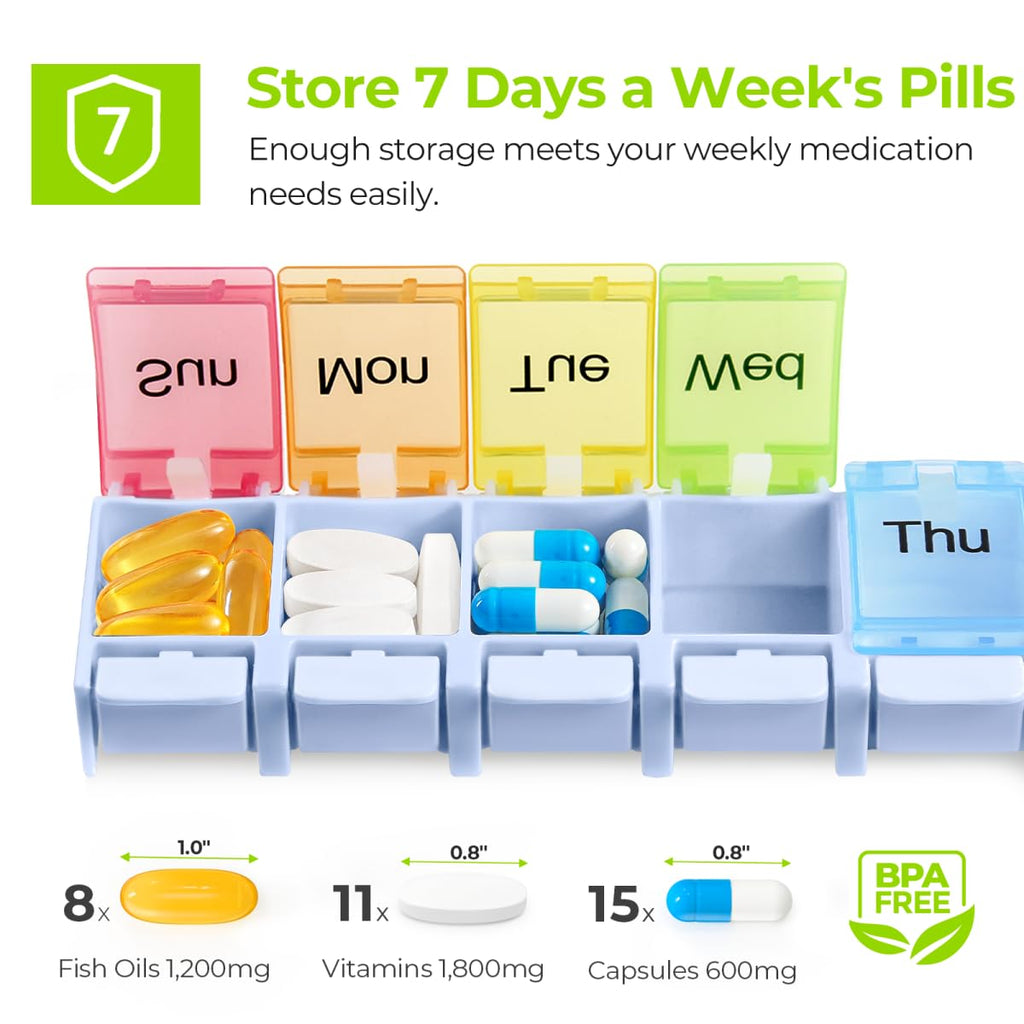 AUVON Weekly Pill Organizer Arthritis Friendly, BPA Free Travel 7 Day Pill Box Case with Spring Open Design and Large Compartment to Hold Vitamins, Cod Liver Oil, Supplements and Medication