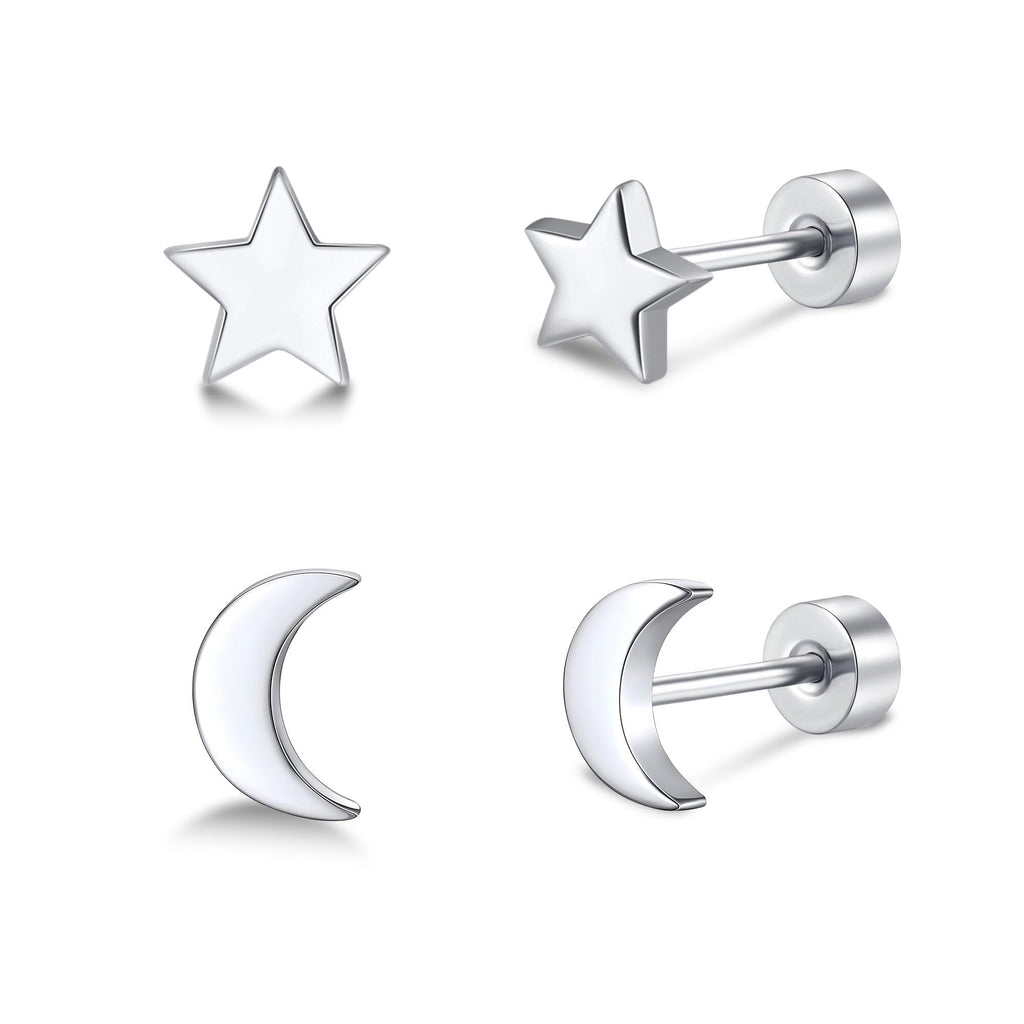 FACOKO 2 Pairs Flat Back Earrings for Women, Silver Star and Moon Earring, Titanium Screwback Studs, Hypoallergenic Silver Cartilage Stud for Sensitive Ears