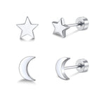 FACOKO 2 Pairs Flat Back Earrings for Women, Silver Star and Moon Earring, Titanium Screwback Studs, Hypoallergenic Silver Cartilage Stud for Sensitive Ears