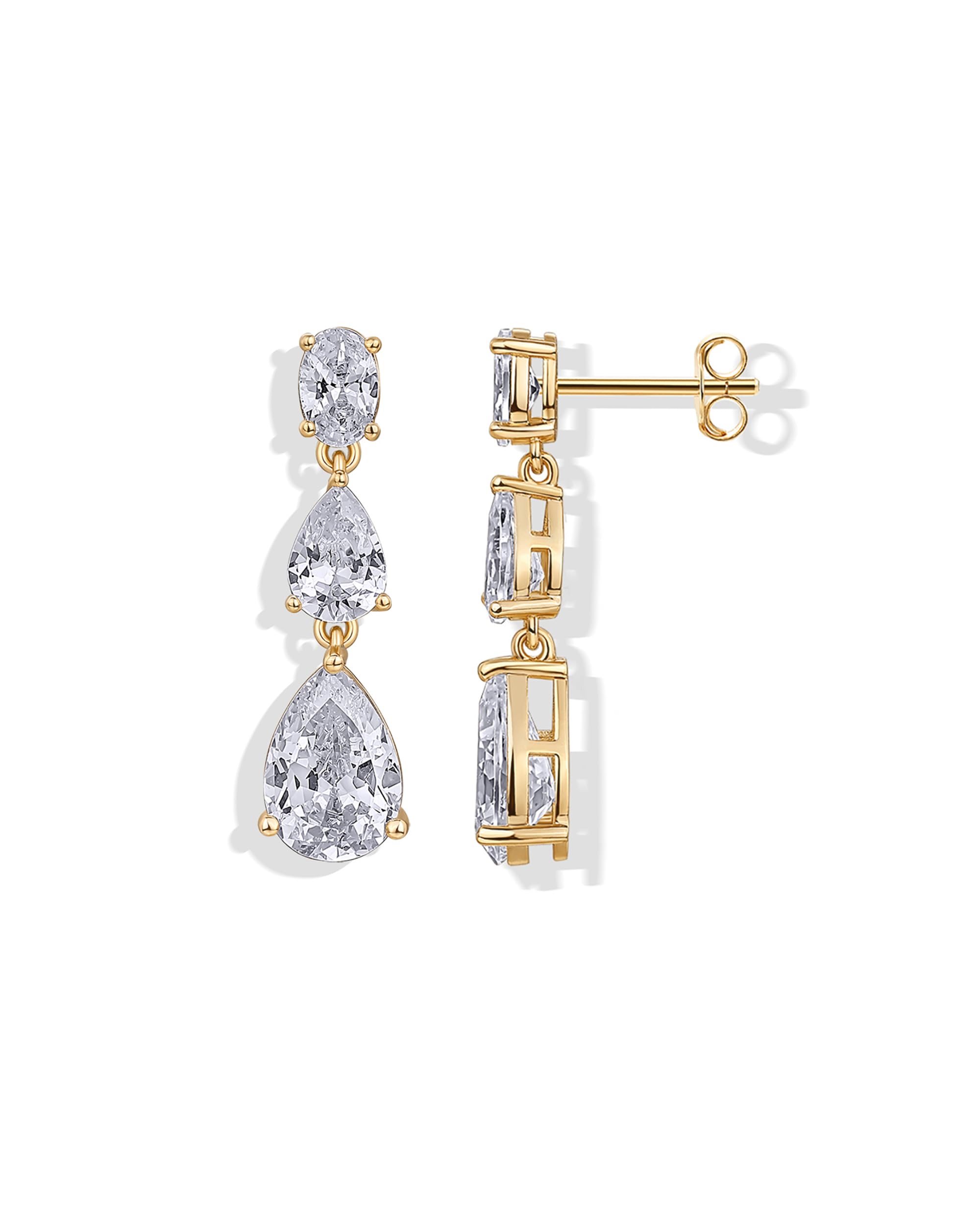 PAVOI Diamond Triple Drop Earrings for Women, 14K Gold Plated, Yellow Gold