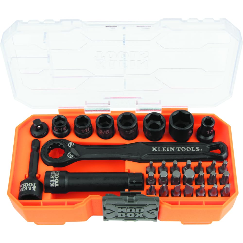 Klein Tools 65300 KNECT 32-Piece Pass Through Socket Set, SAE Impact Set with MODbox Case, 1/4-Inch Drive, Sockets, Bits and Accessories