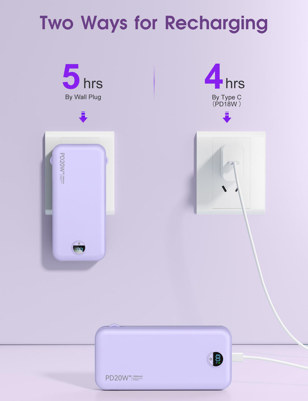 citicr Portable Charger 10000mAh PD20W w/Built-in Cables & Wall Plug Purple
