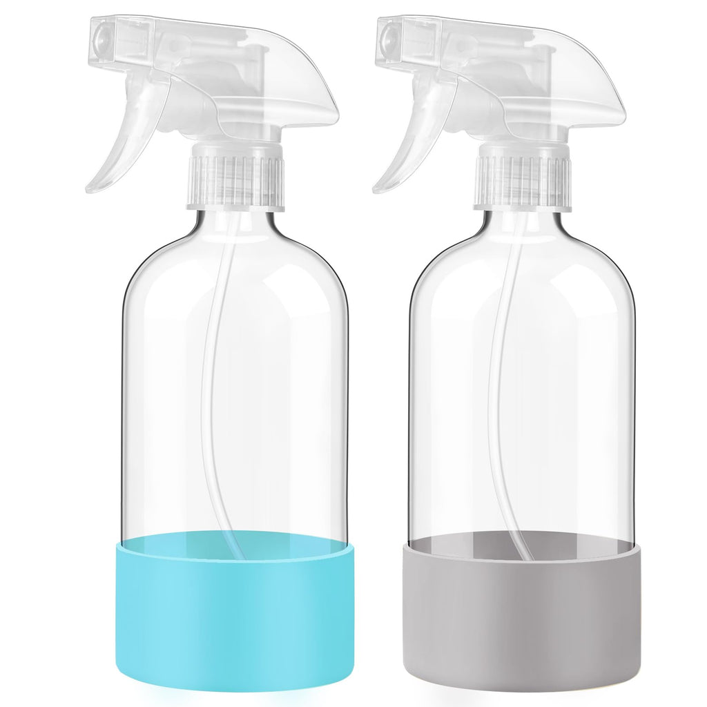 JohnBee Glass Spray Bottles with Silicone Sleeve, 2 Pack16 oz Empty Refillable Containers with Adjustable Spray Nozzles, Spray Bottles for Hair, Cleaning Solutions and Plants Pale Yellow&Pink
