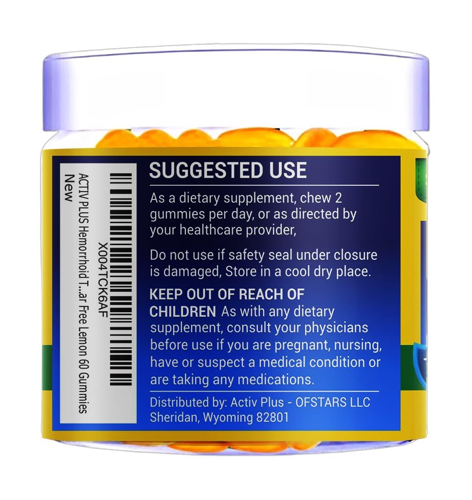 ACTIV PLUS Hemorrhoid Treatment to Reduce Re-occurrences & Easier Regularity with Stool Softener | 7 Clinically Studied hemorrhoid Ingredients | Plant-Based Sugar Free Lemon 60 Vegan Gummies
