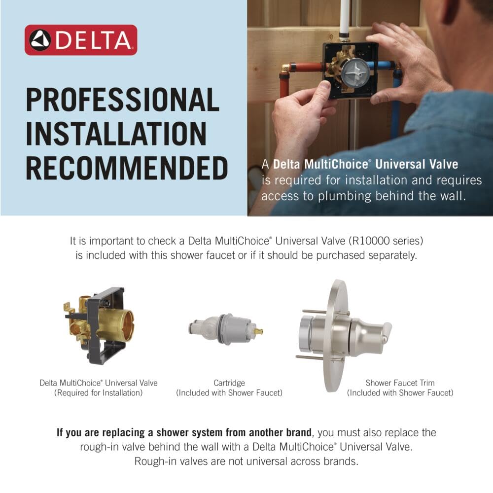 Delta Faucet Foundations 13 Series Single-Function Shower Valve Trim Kit, Shower Handle, Delta Shower Trim Kit, Stainless BT131-SS (Valve Not Included)