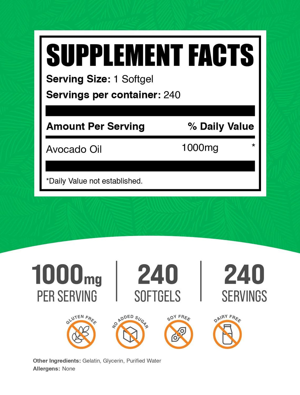 BulkSupplements.com Avocado Oil 1000mg Softgels - Avocado Oil Supplement, Avocado Oil Capsules, Avocado Oil Pills - Gluten Free & Soy Free, 1 Avocado Oil Softgel per Serving, 240 Softgels