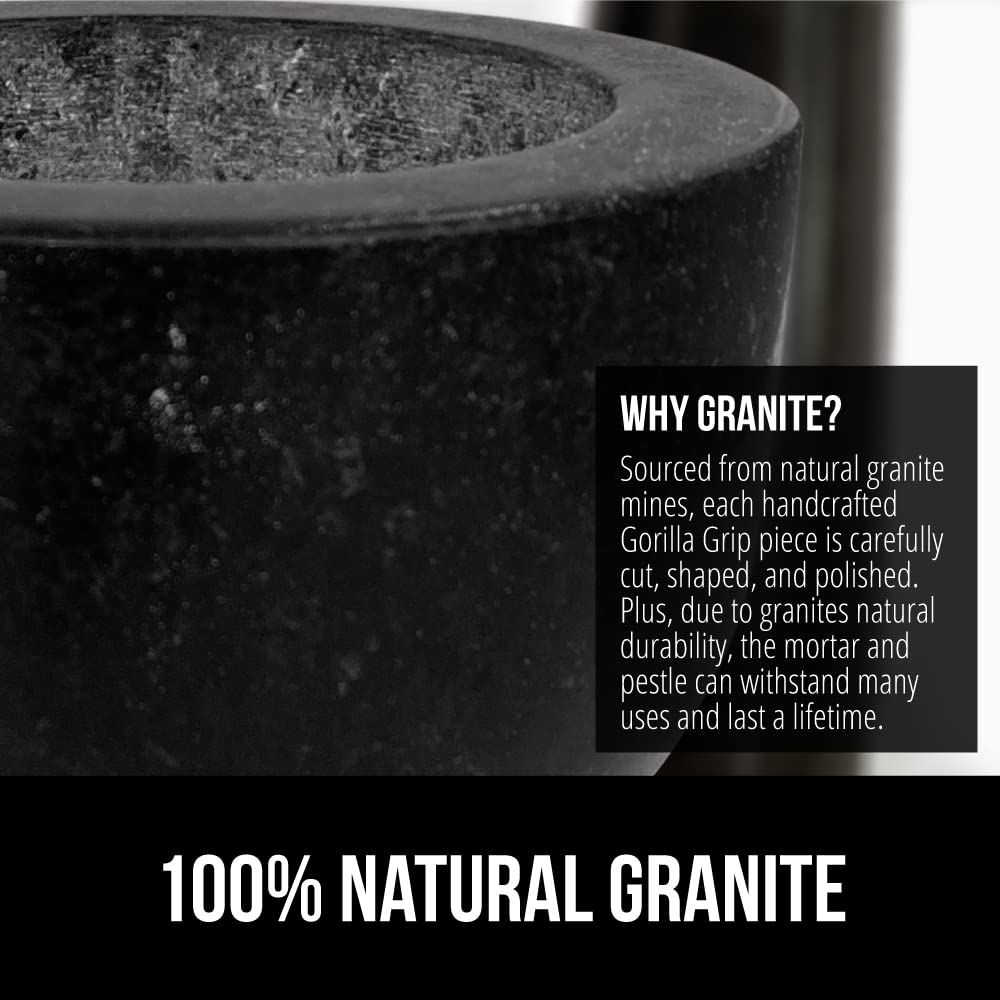 GORILLA GRIP 100% Natural Granite Stone Mortar and Pestle Set, Non-Scratch Base, Heavy Duty Polished Molcajete Guacamole Salsa Bowl, Grind Seeds, Herbs, Pills, Kitchen Lab Muddler, 1.5 Cup Black