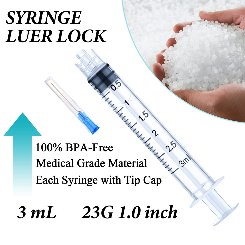 50 Pack 3ml Disposable Syringe with Needle 23Ga 1.0 Inch, Luer Lock Syringes, Individual Sterilized Wrapped