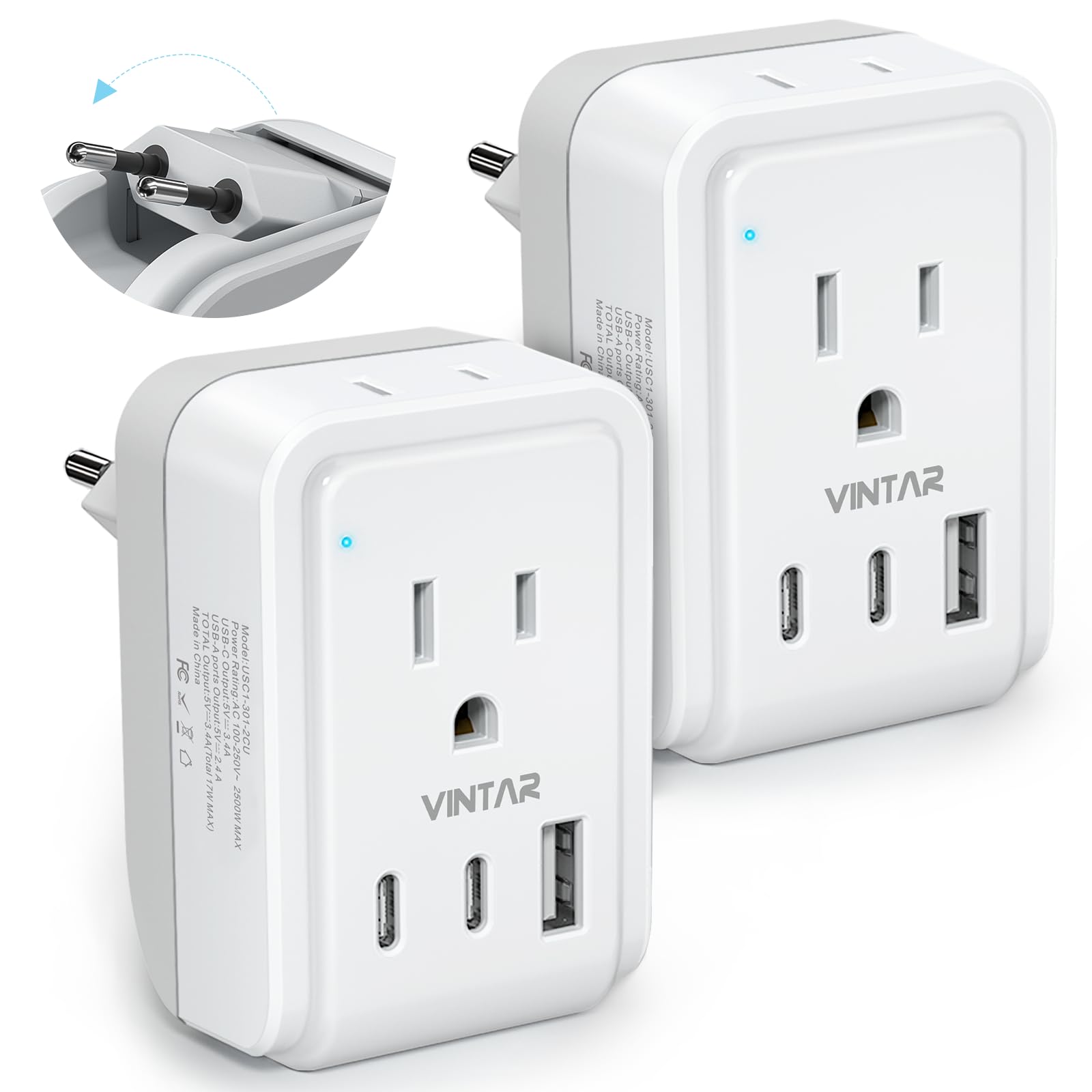 2 Pack European Travel Plug Adapter, VINTAR Foldable International Power Adapter with 2 AC Outlets 3 USB Charging Ports(2 USB C), Type C Power Adaptor to Most Europe Italy Spain France Iceland Germany