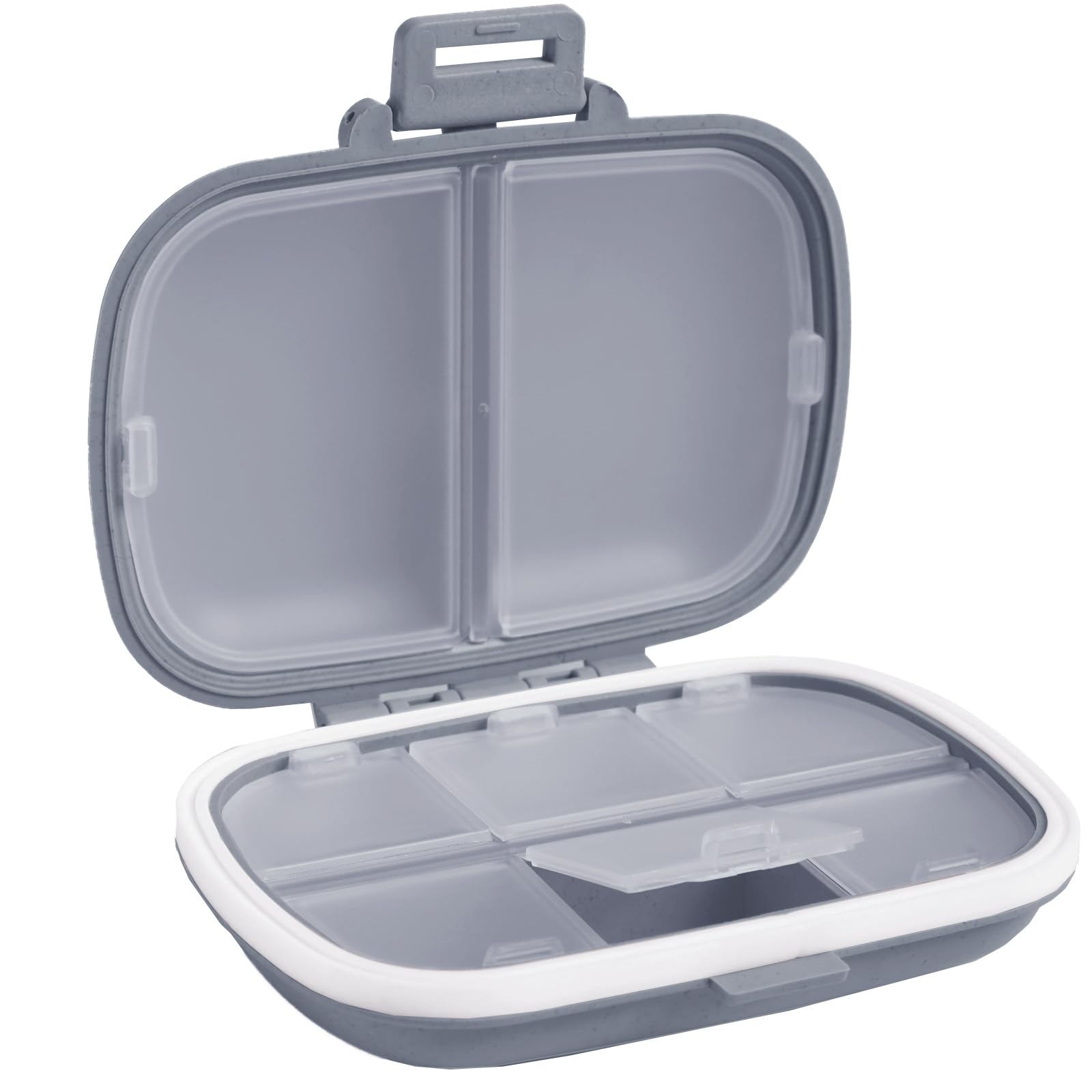 Holii Travel Pill Organizer, 8 Compartments Portable Pill Case, Daily Pill Box to Hold Vitamins, Small Pill Container for Pocket Purse Medicine Organizer（Gray）