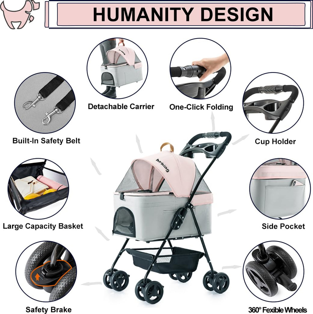 LPOTIUS 3-in-1 Pet Stroller for Small Dogs and Cats, Folding Lightweight Dog Stroller with Detachable Carrier Portable Cat Puppy Jogging Stroller with Cup Holder and Storage Basket, 4 Wheels