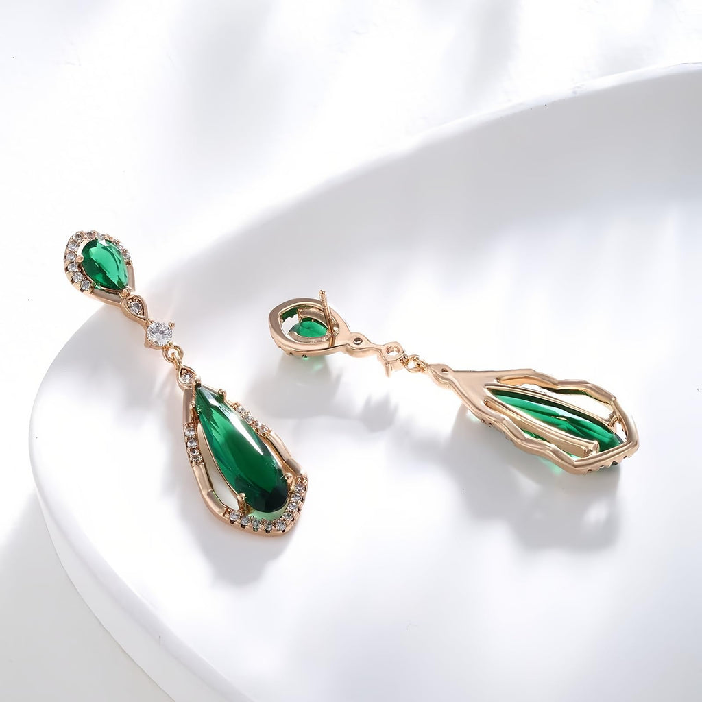 Hpoewre Vintage Emerald Green Teardrop Earrings,925 Sterling Silver Posts & 18K Gold-Plated Brass Drops,Cubic Zirconia Dangle Earrings for Women (Vintage)