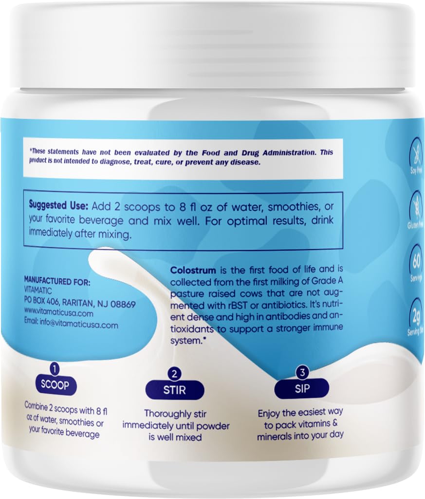 Vitamatic Bovine Colostrum Powder - 50% Highest IgG -120 Gram - Supplement for Gut Health, Hair Growth, Beauty, Muscle Recovery, & Immune Support - Easy to Mix - Unflavored - 60 Servings