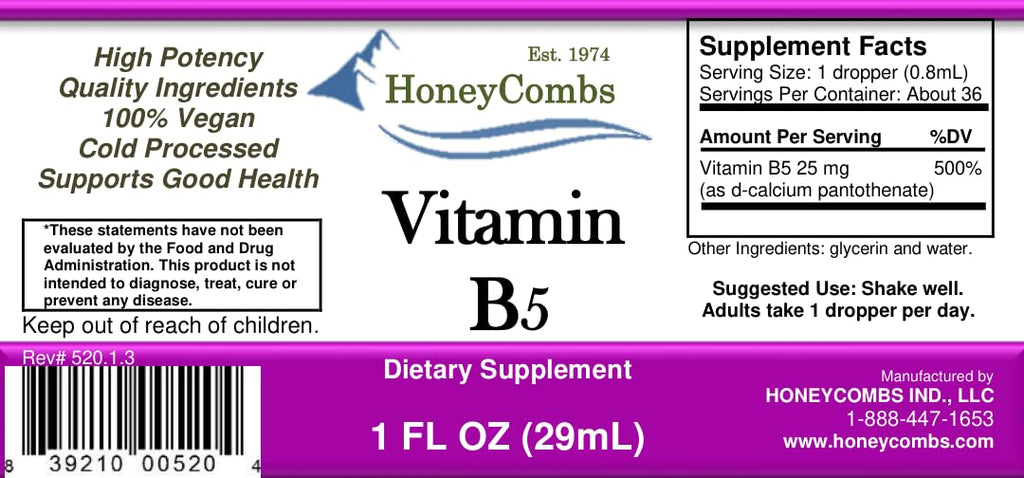 HoneyCombs Vitamin B5 Extract Alcohol Free (Liquid), 1 oz