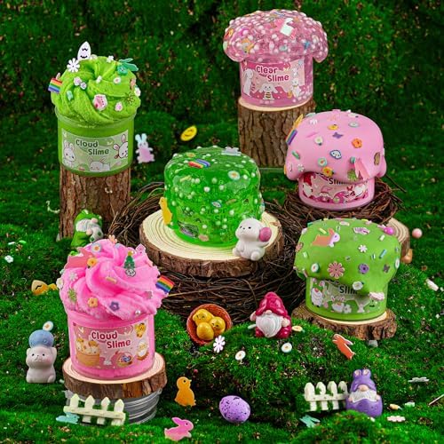 LAWOHO 6 Packs Bunny Pink Slime Kit -Cloud Clear Butter Slimes with Easter Charms & Add-ins, Soft Fluffy Slimes Kits for Girls & Boys, 360ml Pink & Green Easter Slime Making Kit Party Favor for Kids