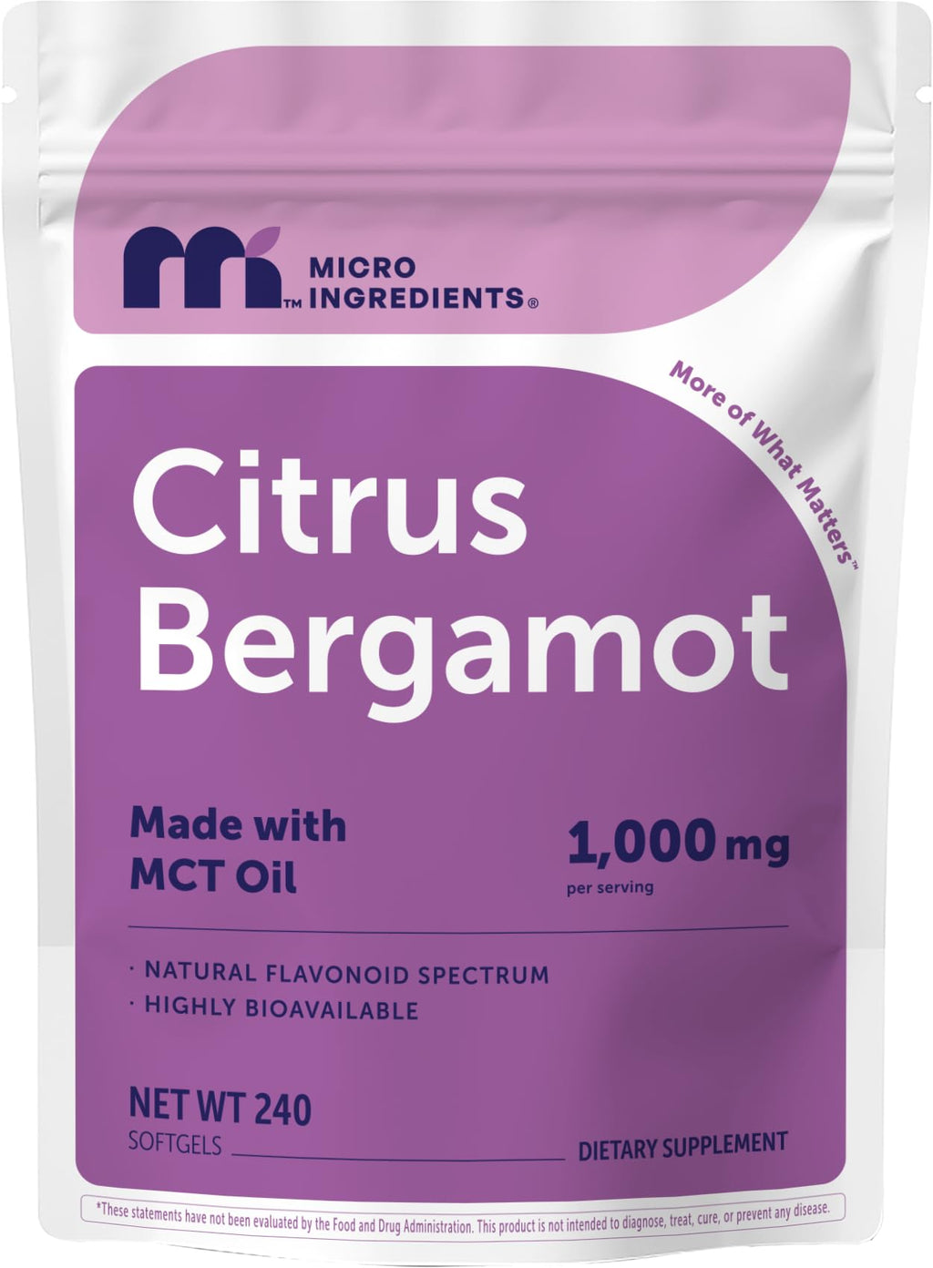 Micro Ingredients Citrus Bergamot Extract 1,000 mg for Men & Women, 240 Softgels | Natural Flavonoids & Polyphenols | Made with MCT Oil | Non‑GMO, Gluten‑Free & Soy‑Free