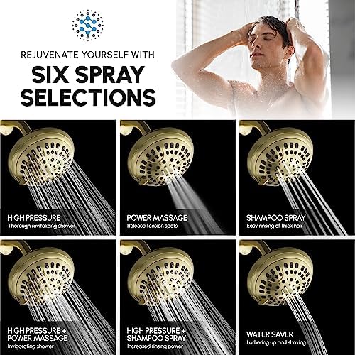 Luxury Spa Series Shower Head, 6 Spray Setting, 4.5 Inch Adjustable High Pressure Shower Head Fixture for Hard Water, 360-Degree Tilt Massage Shower System - Brushed Gold Shower Head