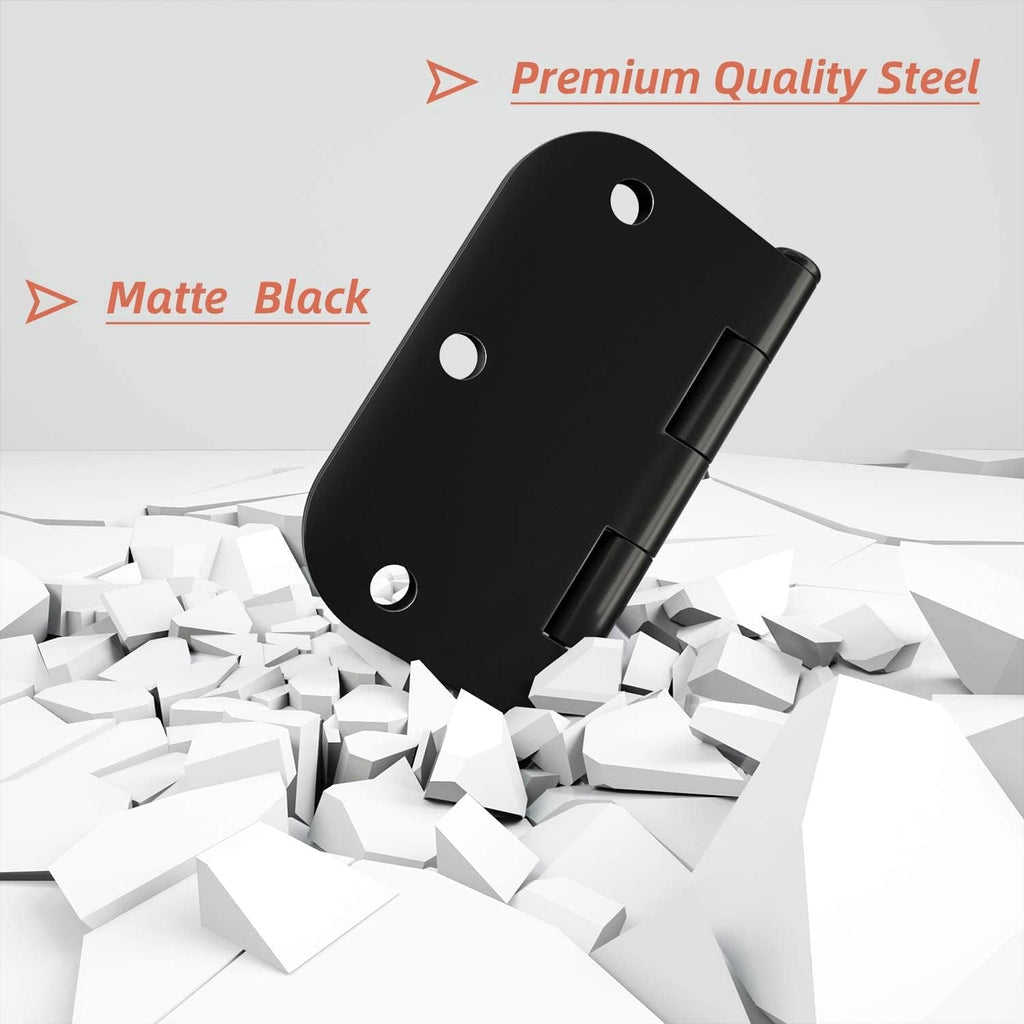 HOSOM 30 Pack Rounded Matte Black Door Hinges 3.5 x 3.5 inch with 5/8 Radius, Black 3 1/2 Interior Door Hinges, 3 ½"x 3 ½" Hardware