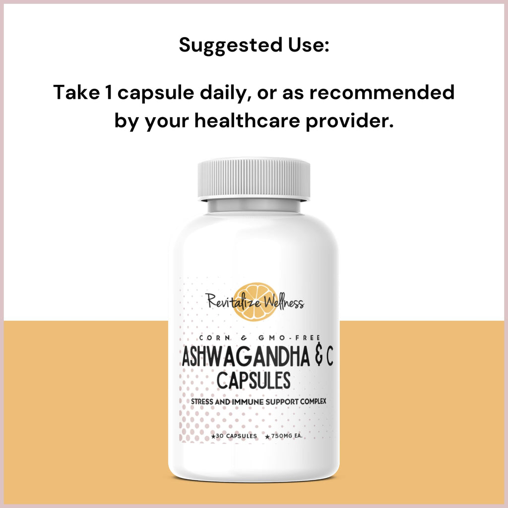Revitalize Wellness Ashwagandha + Vitamin C Capsules | Stress and Immune Support Complex | with 550 mg Ashwagandha and 200 mg Vitamin C per Serving | 30 Servings