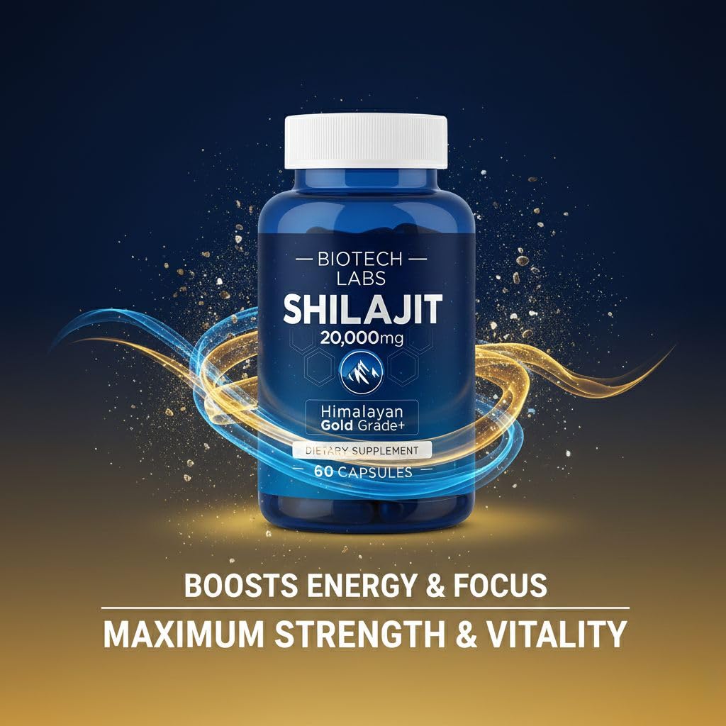 Biotech Labs Shilajit 20,000mg – Gold Grade Himalayan Extract | High Fulvic Acid, 85+ Trace Minerals | Energy, Vitality & Testosterone Support | Men’s Wellness & Performance | 60 Capsules