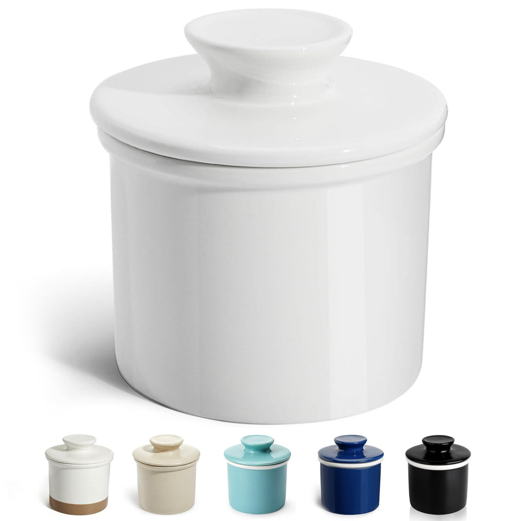 Sweese French Butter Dish - Butter Crock for Counter with Water Line for Fresh Spreadable Butter - French Butter Keeper with Lid - Housewarming Gift For The One Who Has It All - White