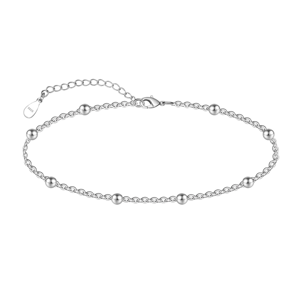 CHIC & ARTSY Ankle Bracelets 925 Sterling Silver Beaded Chain Anklets for Women Simple Foot Jewelry Adjustable Anklets for Women