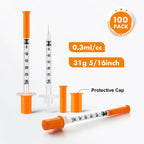100 Pack 0.3ml/cc 31G 5/16Inch Syringes, Lab Syringes, Individual Package
