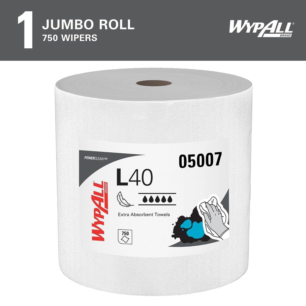 WypAll PowerClean L40 Extra Absorbent Towels, Jumbo Roll 750 Sheets (05007)