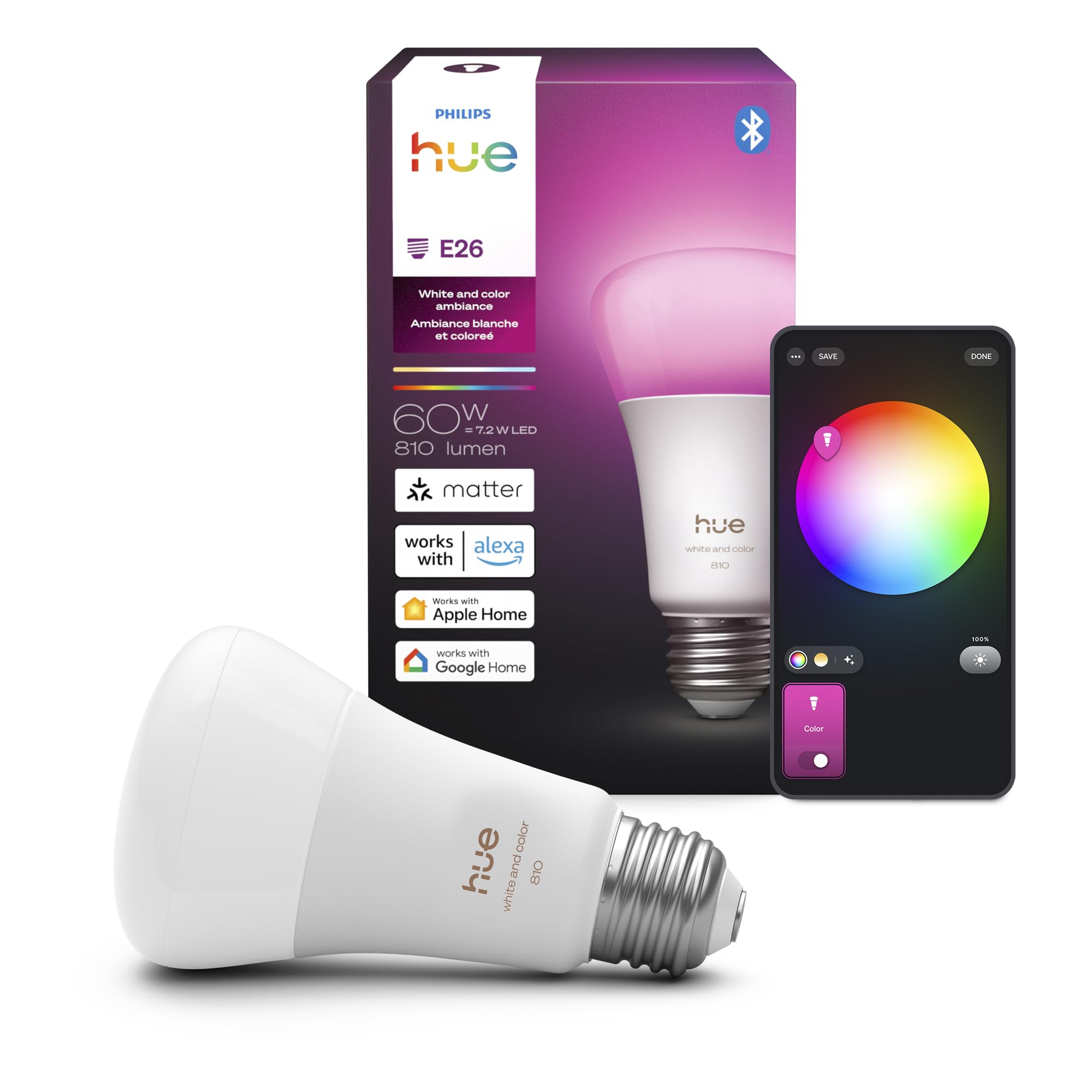 Philips Hue Smart LED A19 Bulb 1-Pack, White & Color Ambiance, E26 Base, 7.2W, Full Spectrum Light 1000K-20000K, 810 Lumens, Dimmable, Works with Alexa, Google, & Apple Home